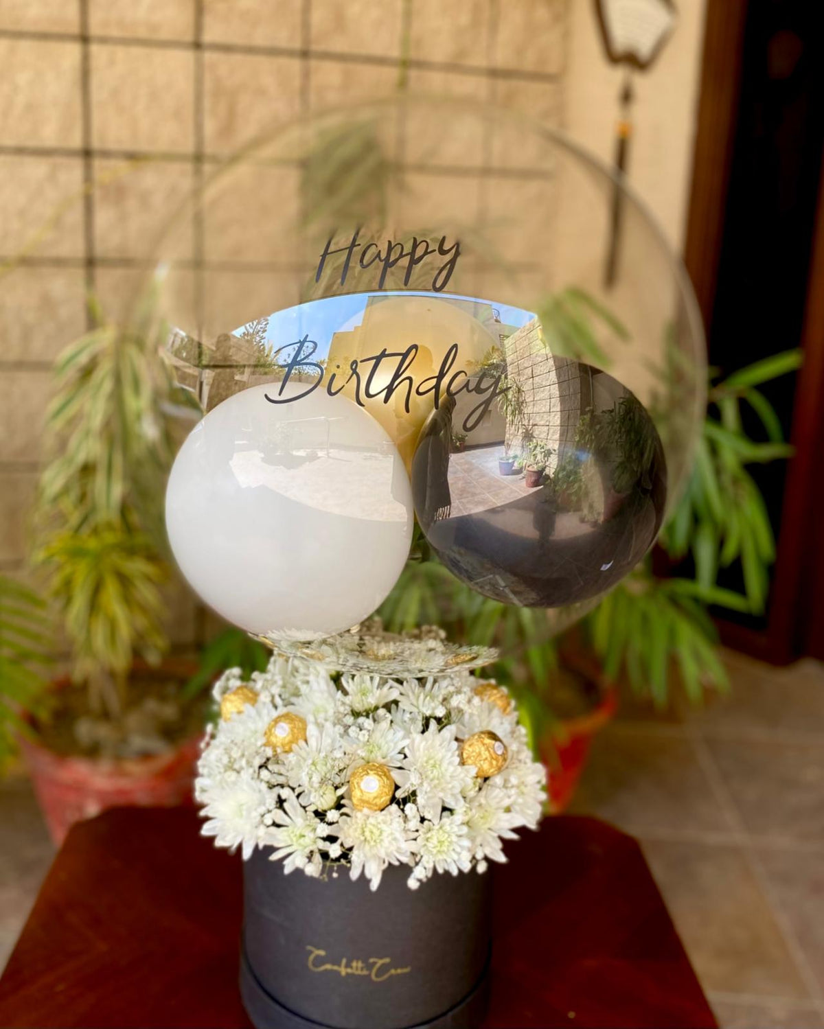 Box of Chrysanthemums + Balloon & Ferrero Rocher